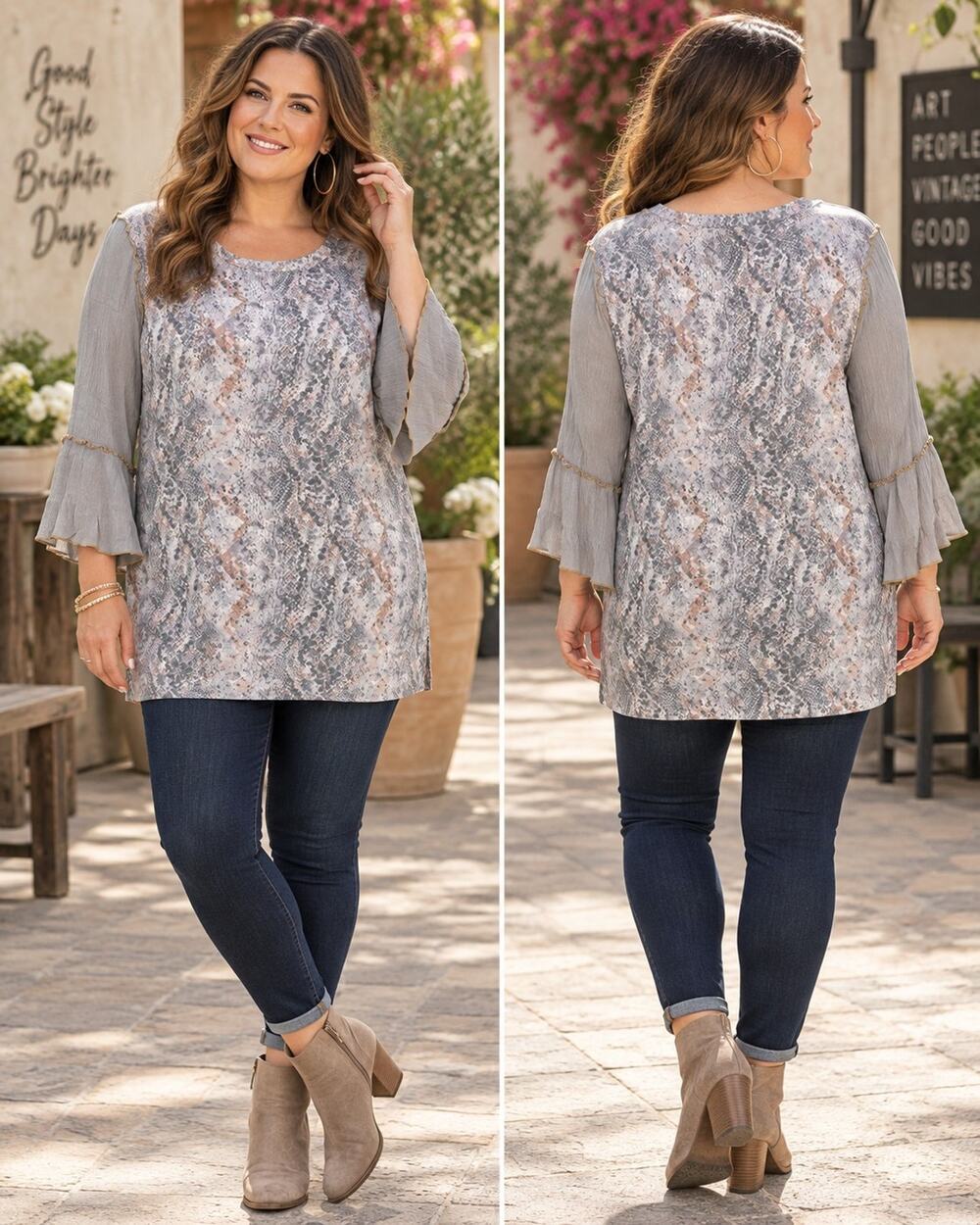 Mystree Large Snake Print Bell Sleeve Tunic Top Mixed Media NWT